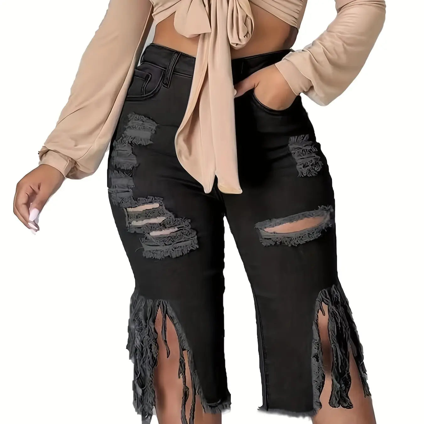Plus Size Women'S Casual Denim Shorts With Fringed Hem Chic Le'Meek