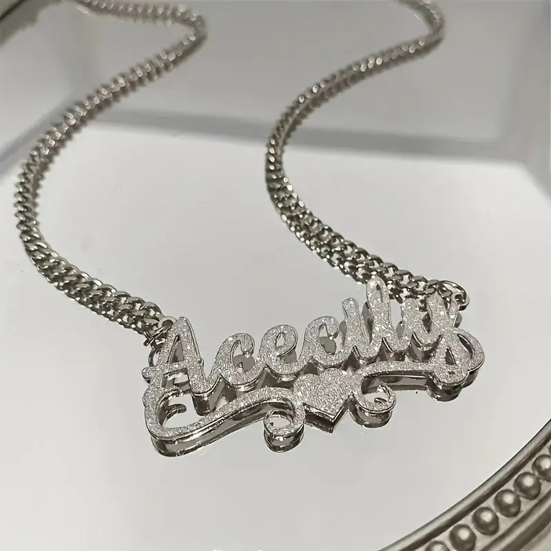 1pc Personalized Stainless Steel Name Necklace - Frosted Letter Pendant with Sparkling Accents, 18K Golden Plated Cuban Link Chain, Bohemian Chic Unisex Jewelry Gift for Women & Men, Casual or Special Occasions, Cursive Font Chic Le'Meek