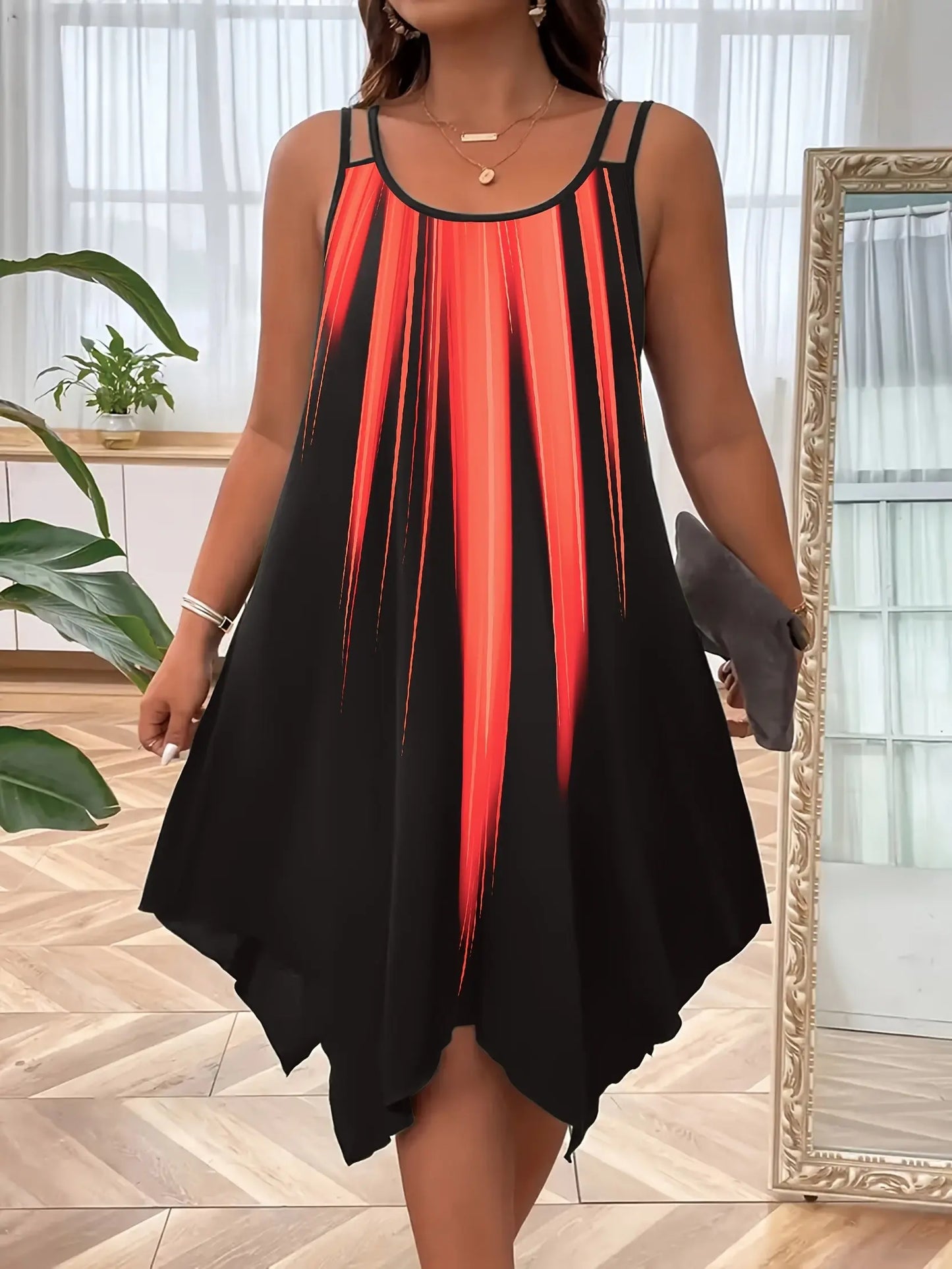 Plus Size Ombre Print Cami Slip Dress - Spaghetti Strap, Sleeveless, Crew Neck, Dual Strap, Asymmetrical Hem, Medium Stretch, Polyester, Random Printing, Vacation Style for Spring, Summer, and Fall Seasons Temu