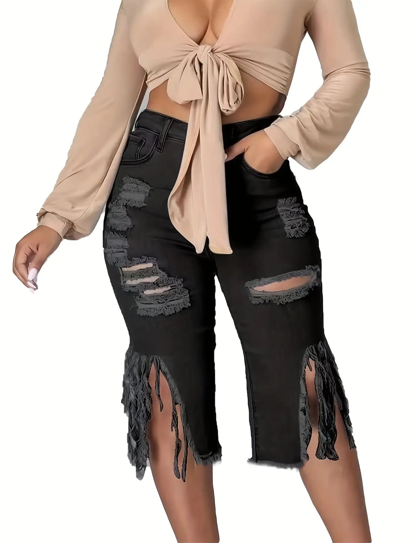 Plus Size Women'S Casual Denim Shorts With Fringed Hem Chic Le'Meek