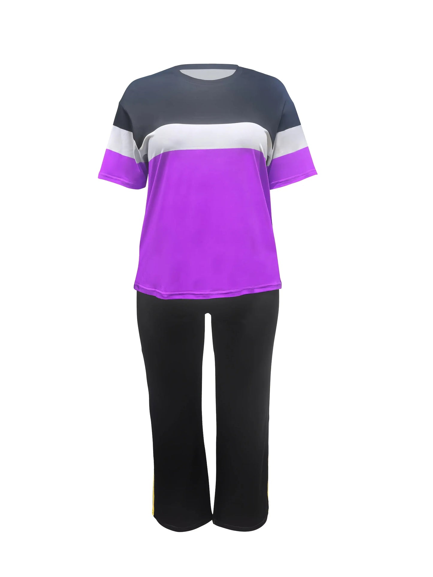 Women'S Plus Size Casual Color Block 2pcs Set - Elegant Crew Neck Short Sleeve Top & Straight Leg Pants, 95% Polyester 5% Elastane, Medium Stretch Knit Fabric, Machine Washable Chic Le'Meek