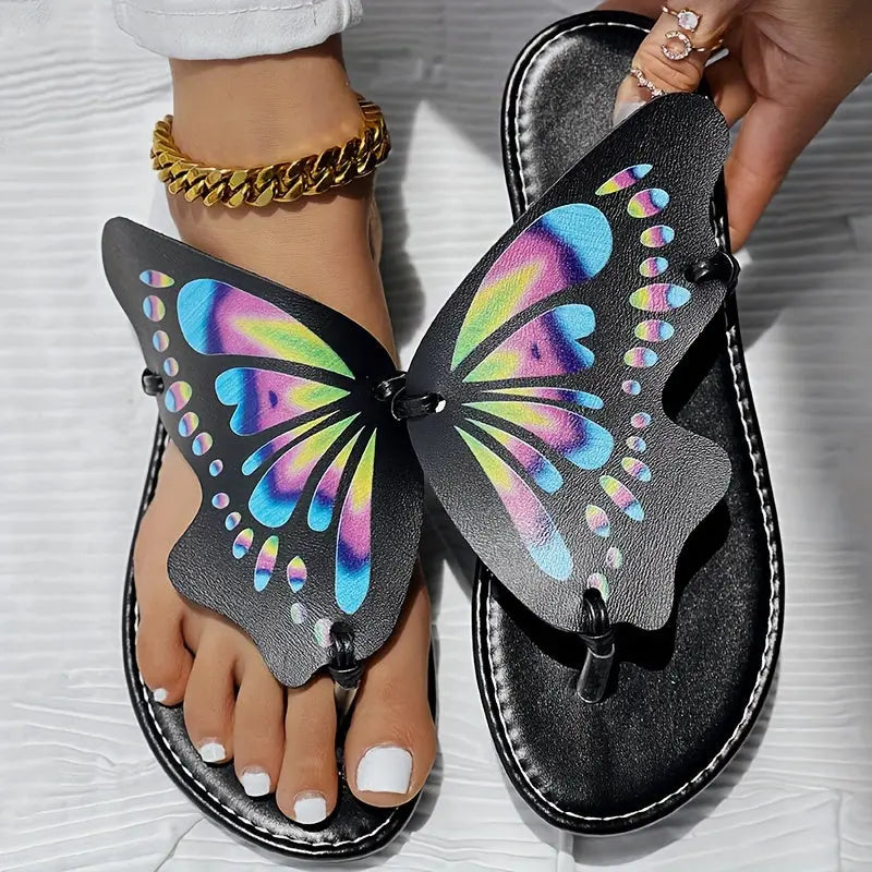 Women's Butterfly Flip Flops, Faux Leather Thong Slippers, Colorful Summer Beach Sandals, Fashion Footwear With Vibrant Wing Design Temu