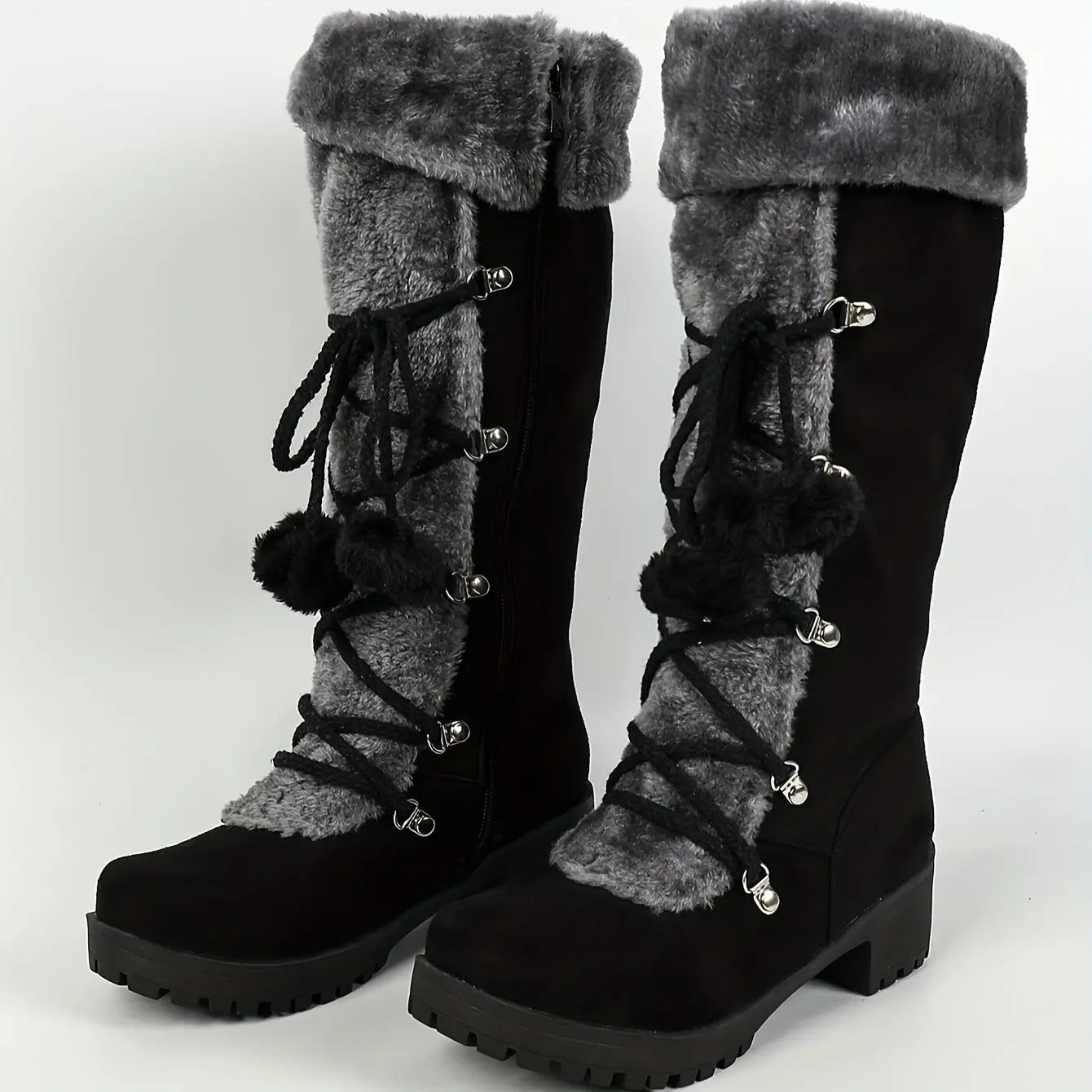 Warm Mid-Calf Winter Snow Boots - Elegant Women's Fur-Lined Knight Boots with Chunky Heel, Pom-Pom Accents & Side Zipper - Cozy Thermal Insulated Riding Boots for Cold Weather Chic Le'Meek