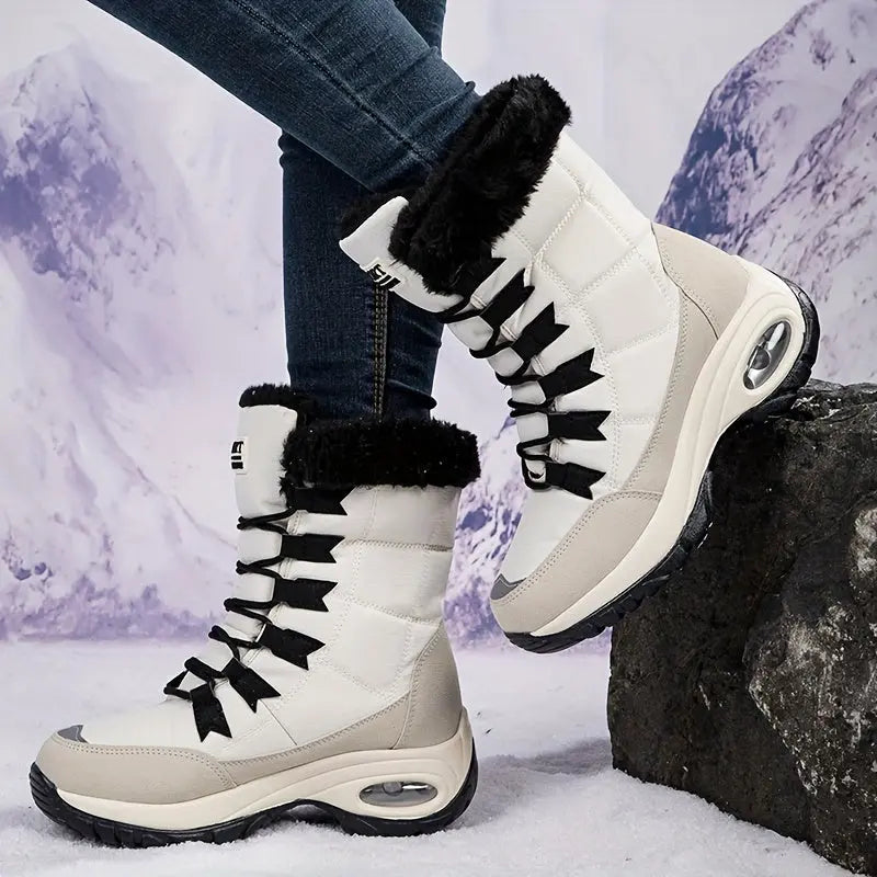Warmth & Comfort Guaranteed: Womens Thickened Air Cushion Snow Boots - Flannel Lined, Non-Slip, Round Toe, PU Sole, Non-Woven Upper - Perfect for Hiking and Winter Activities Chic Le'Meek