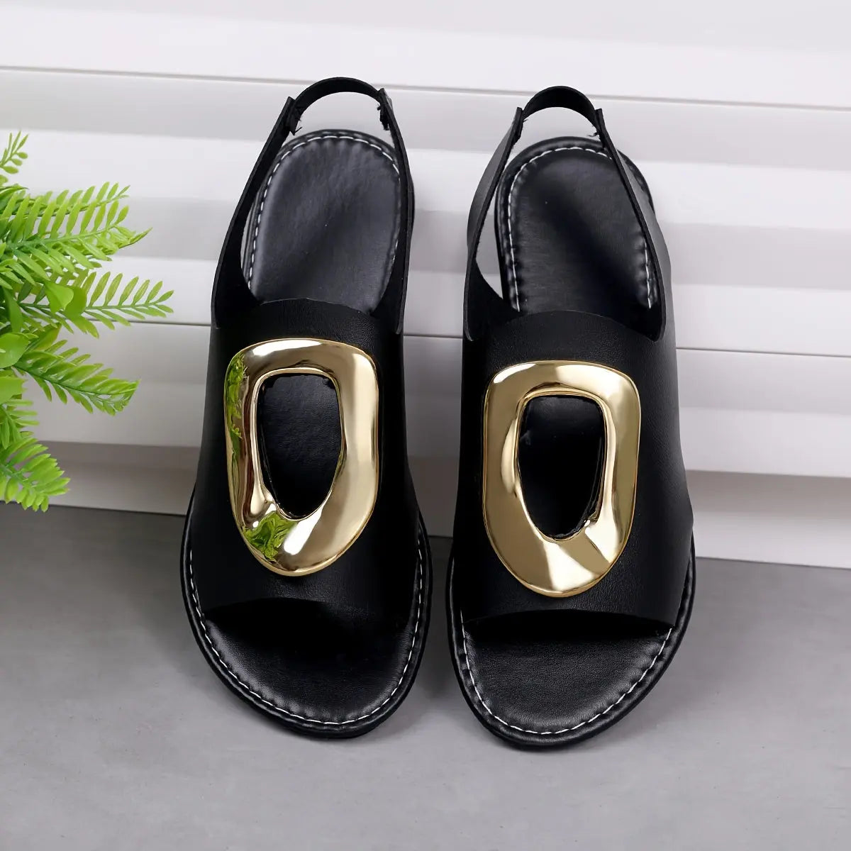 Chic Summer Women's Sandals with Metallic Buckle - Open Toe, Flat Heel, Faux Cover Slip-On Shoes Temu