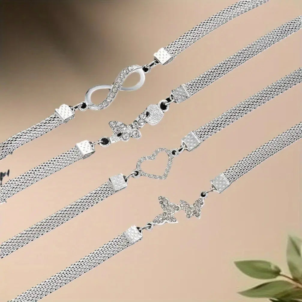 Set of 4- Elegant And Shiny Stackable Ankle Chains, Synthetic Zirconia Ankle Chains Plated with Butterflies And Hearts, Multifunctional Daily Jewelry Gifts Chic Le'Meek