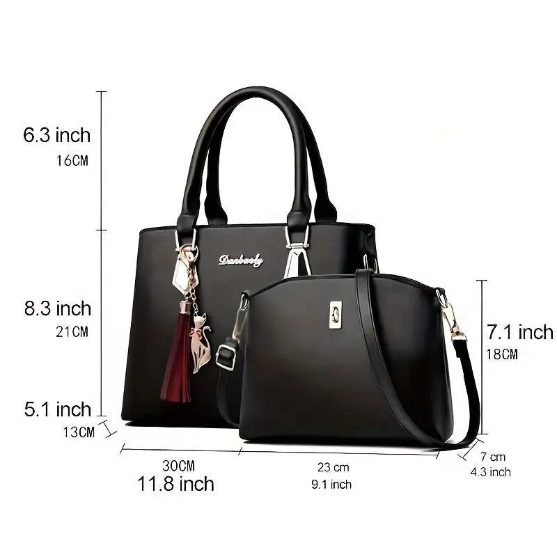 2-Piece Set: Chic Fashion Shoulder Bag and Crossbody Bag Combo - Zipper Closure, Pendant Detail, Solid Color Faux Leather with Nylon Lining - Spring 2024 European Style Casual Handbag Collection for Occasions Chic Le'Meek
