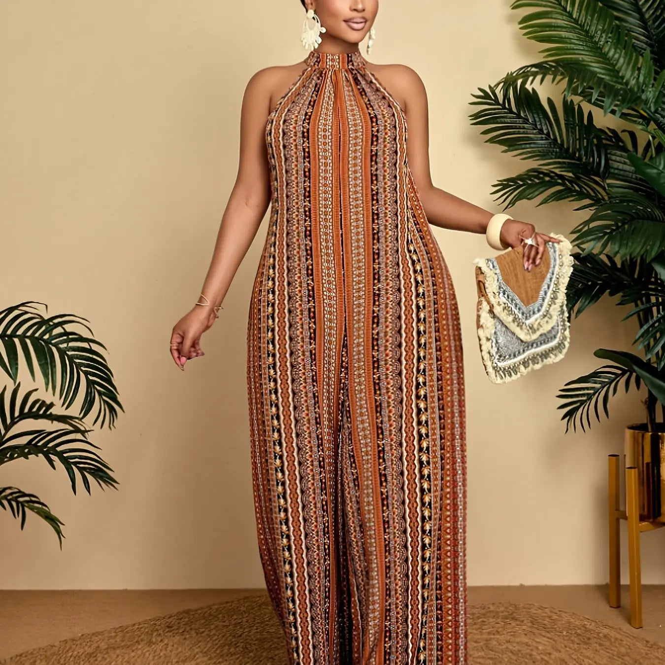 Women's Plus Size Boho-Chic Jumpsuit - Sleeveless Off-the-Shoulder Wide-Leg Pants Temu