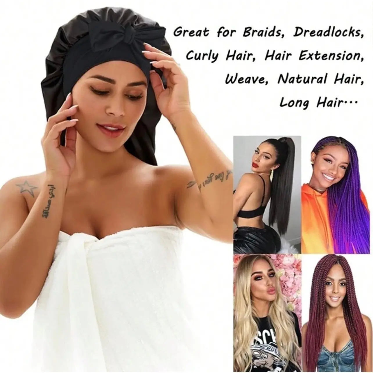 Women's Elastic Tie Band Long Satin Bonnet for Long Curly Hair - Gentle Hair Care Sleeping Cap with Smooth Texture and Soft Inside Chic Le'Meek
