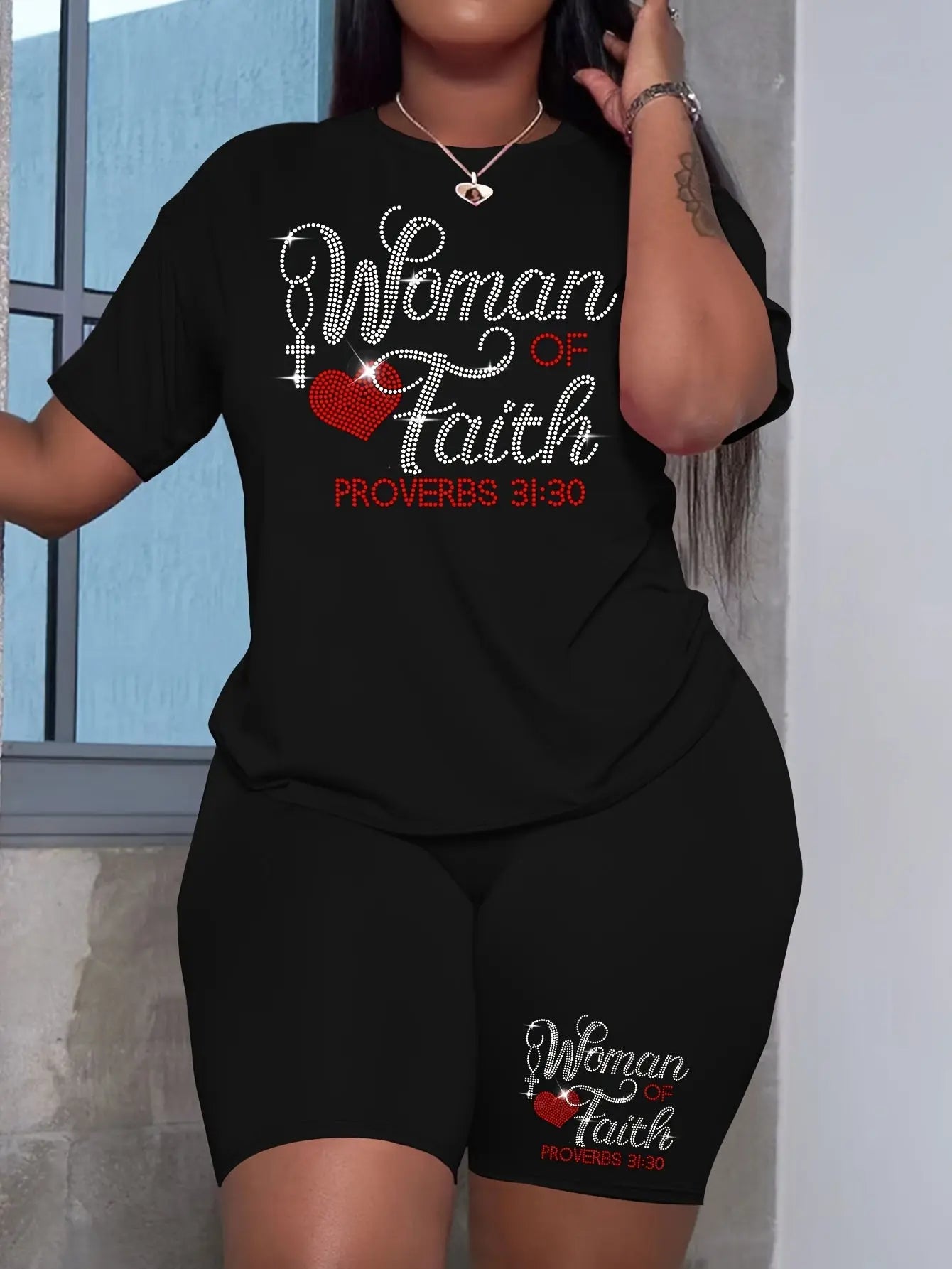 Ladies' Casual Short Sleeved Shorts Set, Hot Stamping Craftsmanship, Women's Faith Letter Hot Stamping Heart Pattern Chic Le'Meek