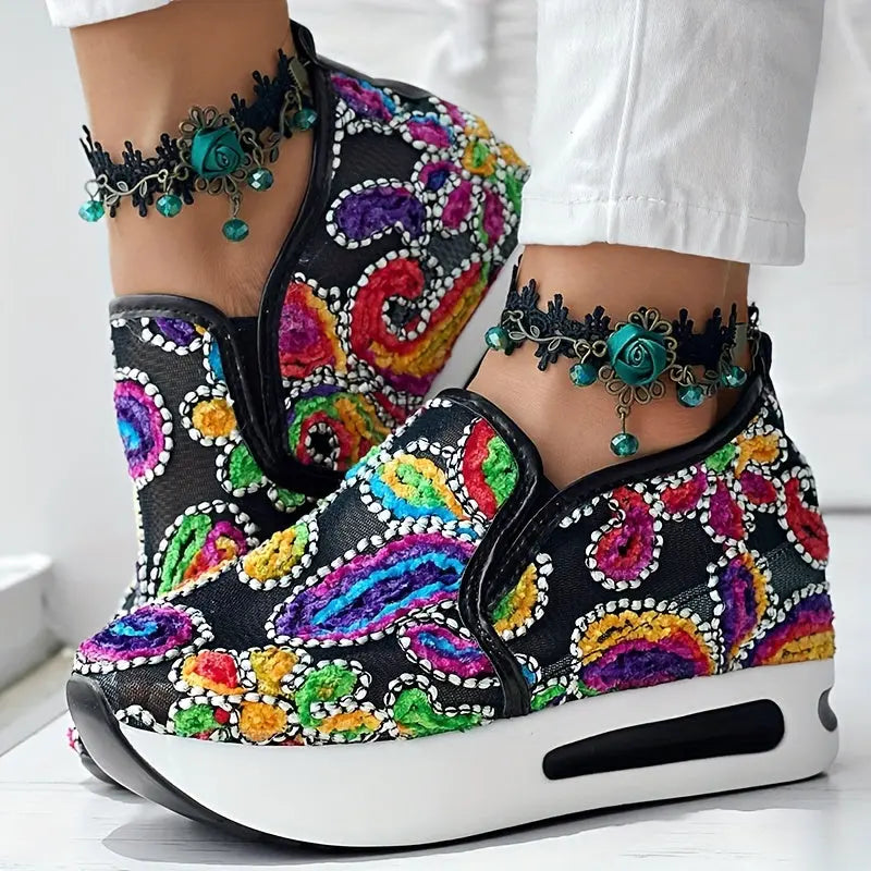 Abstract Print Side Lace-up Casual Wedge Sneakers - Without Anklet Chic Le'Meek