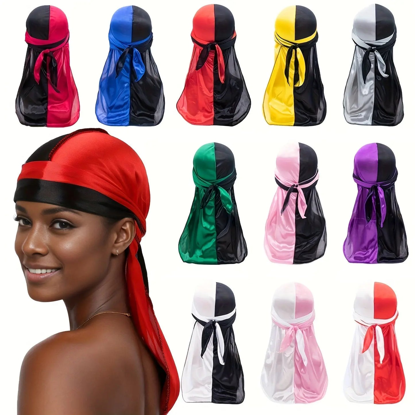 Silky Durag - Assorted Colors Satin Pirate Cap with Long Tail, Wide Straps, Elastic Breathable Head Wrap Chic Le'Meek