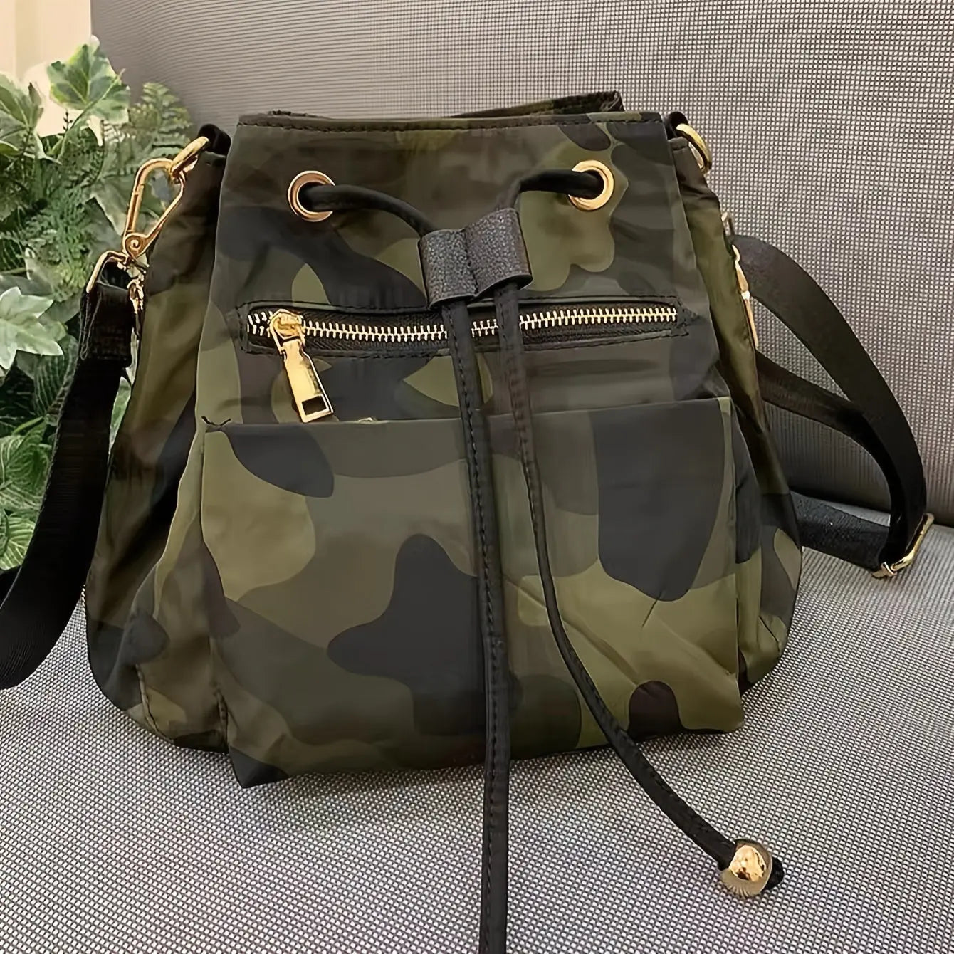 Small Camouflage Pattern Bucket Shoulder Bag - Durable Nylon Material, Classic Drawstring Closure, Polyester Lining, Edge Painted Temu