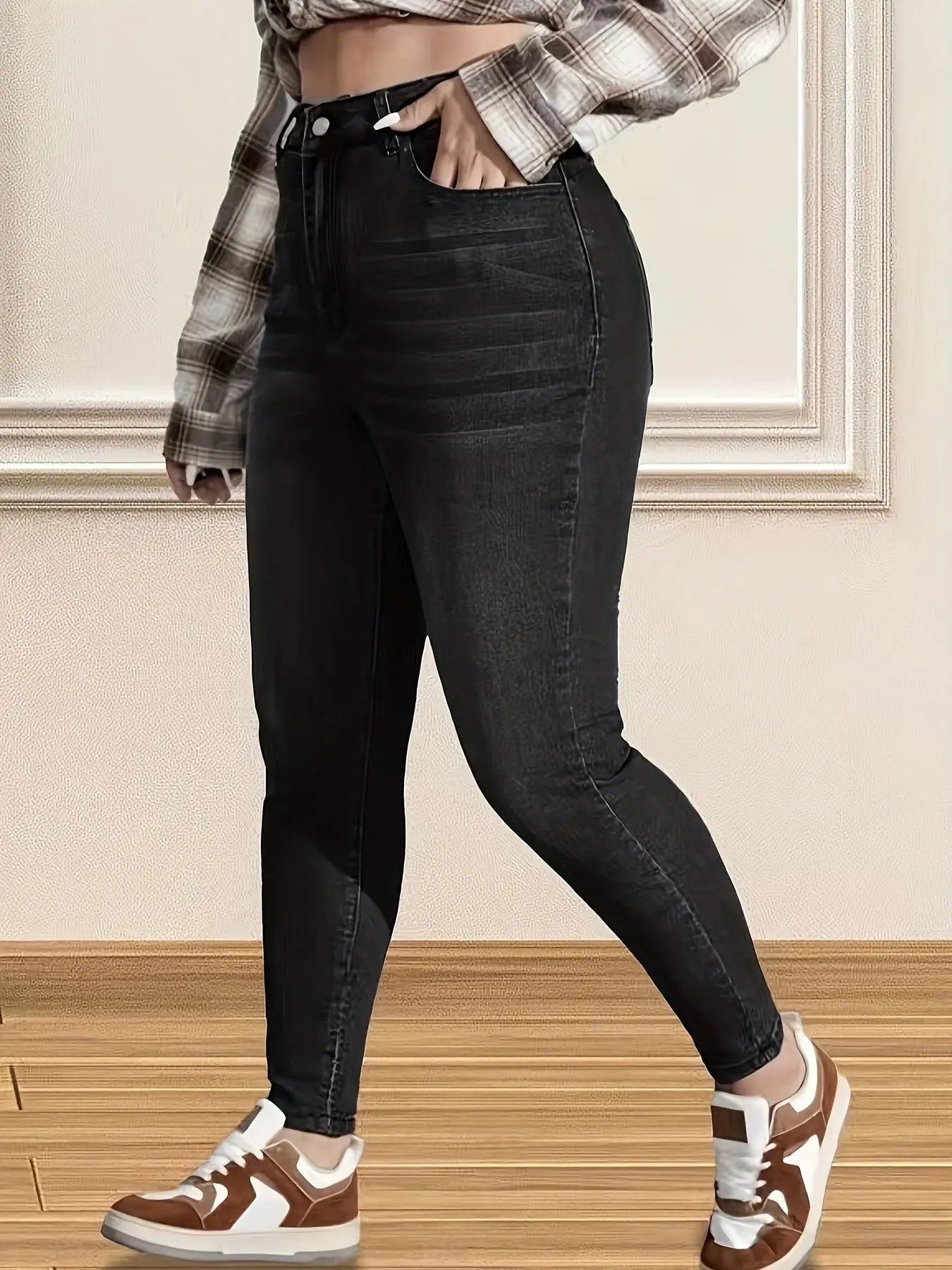Plus Size Casual Jeans, Women's Plus Washed Button Fly High Rise High Stretch Skinny Jeans Temu
