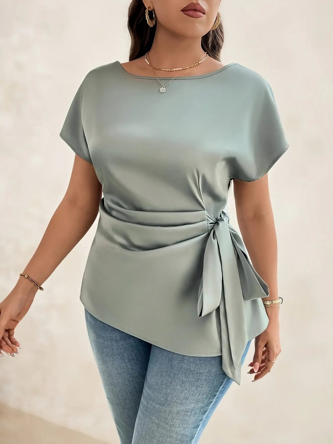 Plus Size - Women's Elegant Satin Blouse with Bow Detail - Short Sleeve AliExpress