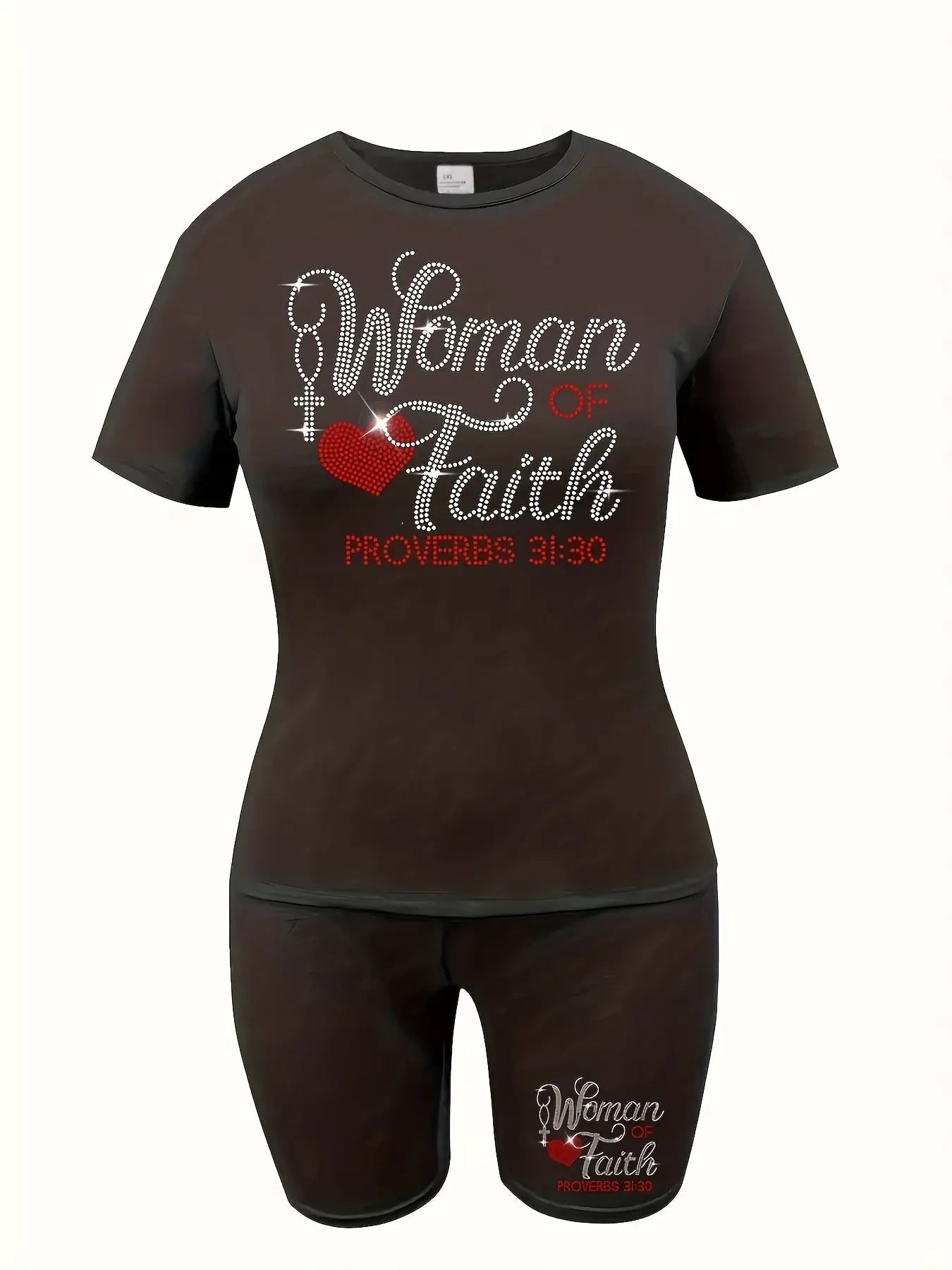 Ladies' Casual Short Sleeved Shorts Set, Hot Stamping Craftsmanship, Women's Faith Letter Hot Stamping Heart Pattern Chic Le'Meek
