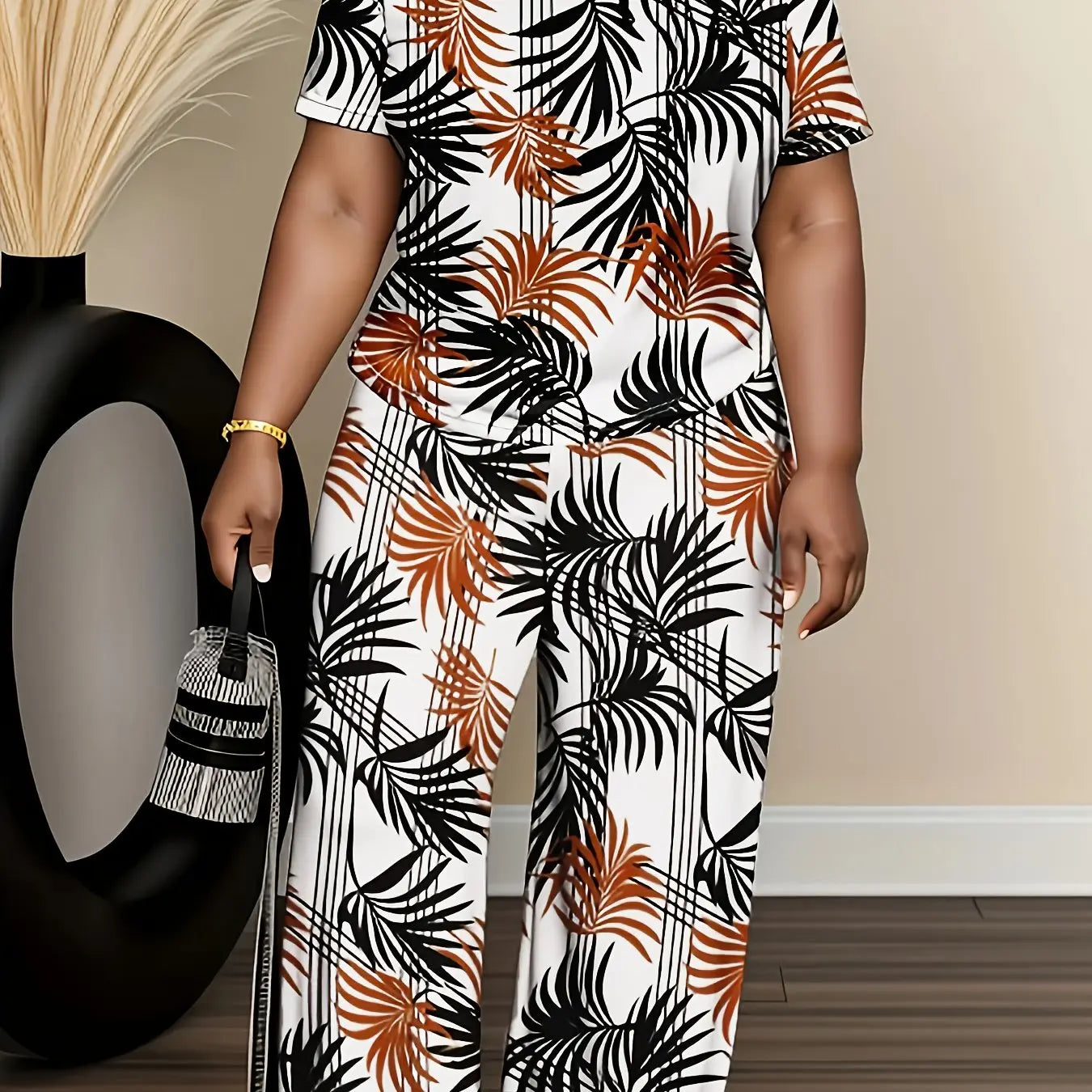 Smart Casual Plus Size Women'S Ethnic Style Crewneck Two-piece Short Sleeve Top And Long Pants Bottoms Set Chic Le'Meek