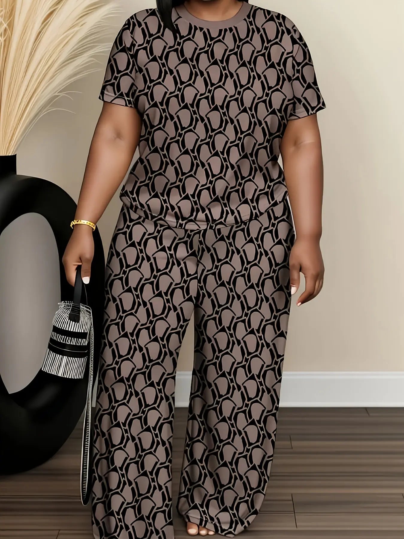 Plus-size Women's Two-piece Set Featuring Trendy Ethnic Digital Print with Round Neck Short Sleeves And Straight-leg Pants Chic Le'Meek