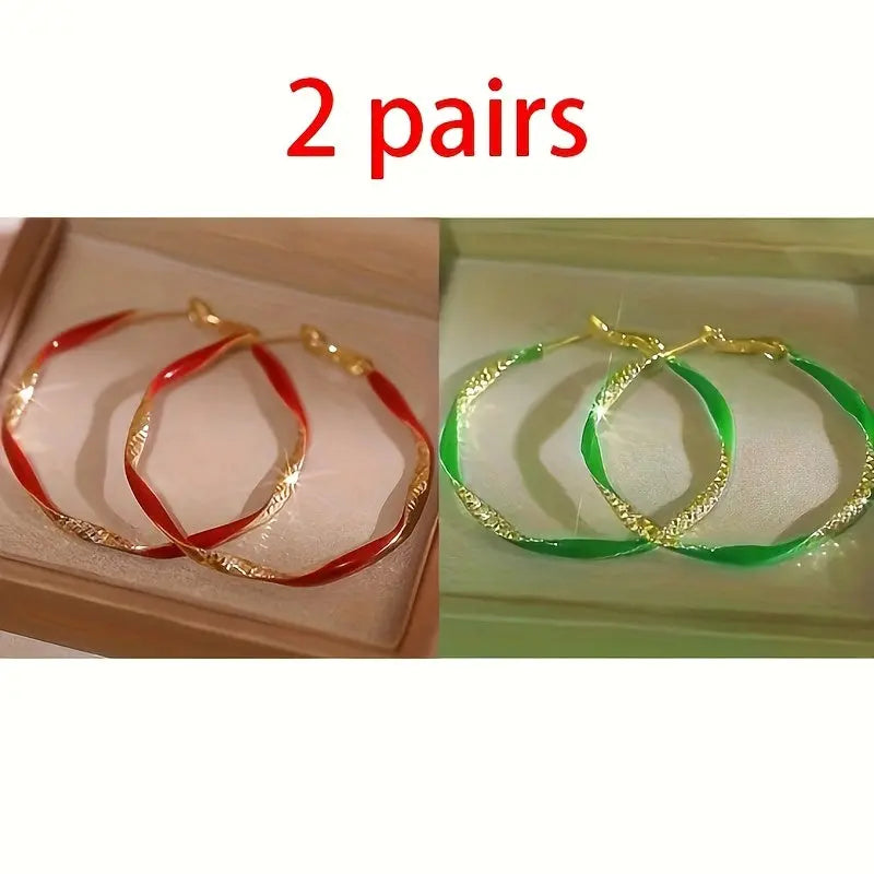 2 Pairs of Red and Green Earrings, Fashionable European and American Niche Temperament, Commuting High-end Retro Drip Oil Simple Geometric Earrings, Valentine's Day Birthday Gift, Women's Jewelry Clearance Chic Le'Meek