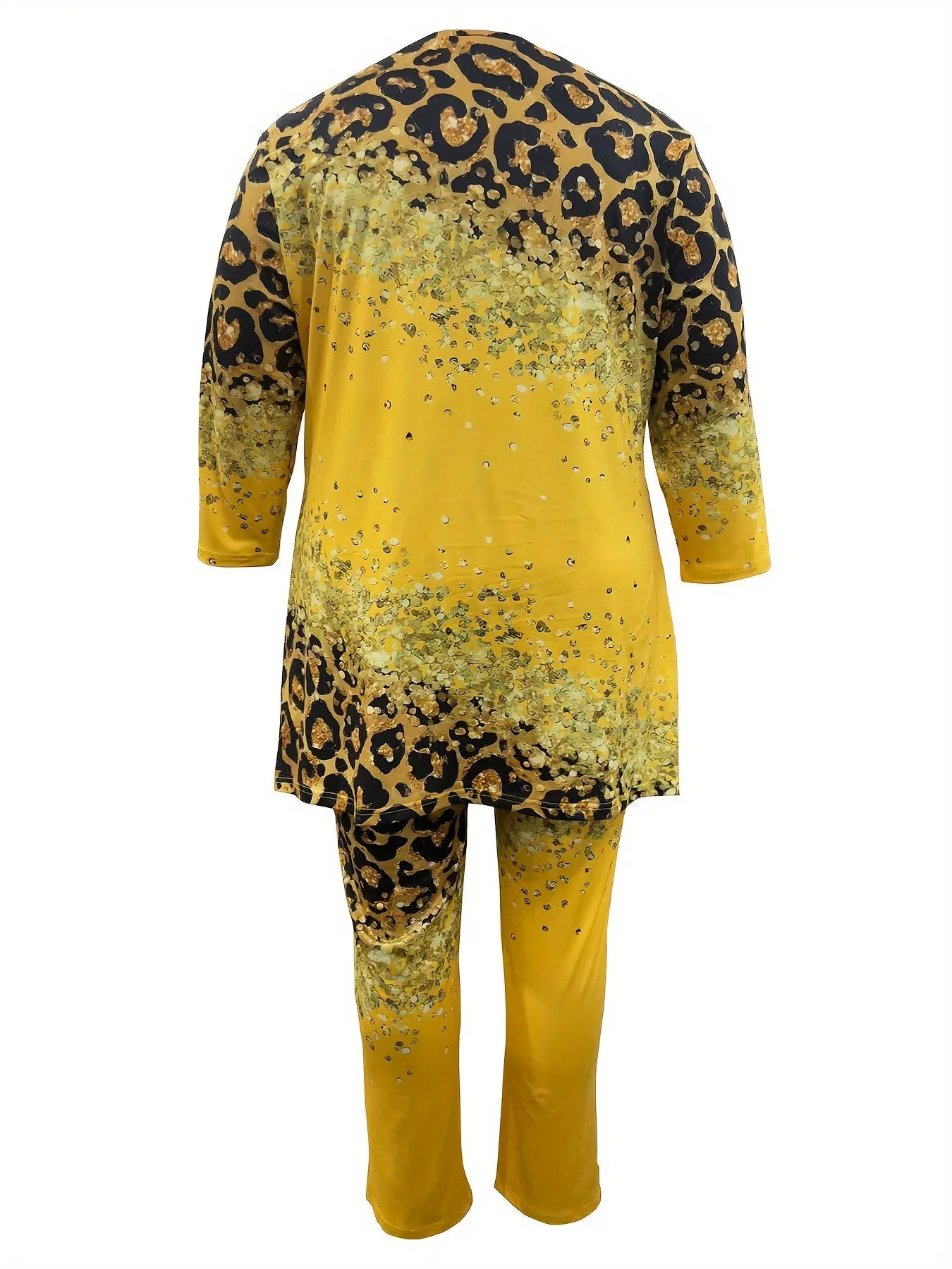 Leopard & Heart Print Plus-Size Set for Women - High-Low Hem, 3/4 Sleeves, Crew Neck Top & Pants Chic Le'Meek