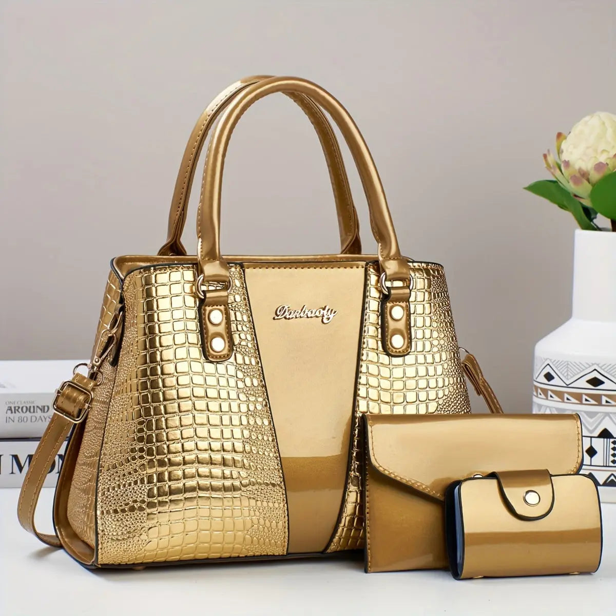 3pcs Elegant PU Handbag Set, Crocodile Pattern Large Capacity Crossbody Bag with Coin Purse and Card Holder, Lightweight Shoulder Bag with Sequins and Zipper Closure Chic Le'Meek