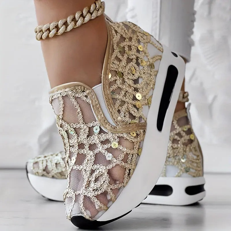 Abstract Print Side Lace-up Casual Wedge Sneakers - Without Anklet Chic Le'Meek