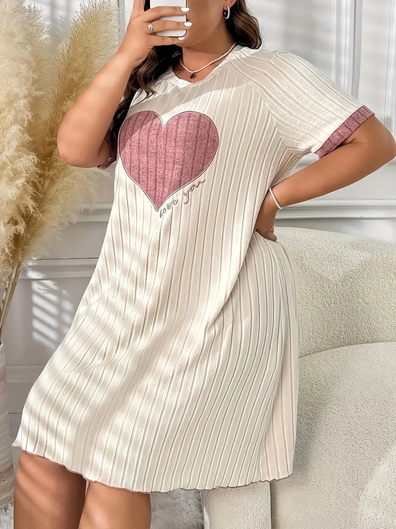 Plus Size Short-Sleeve Dress with Heart Embroidery Two-Piece Set Temu