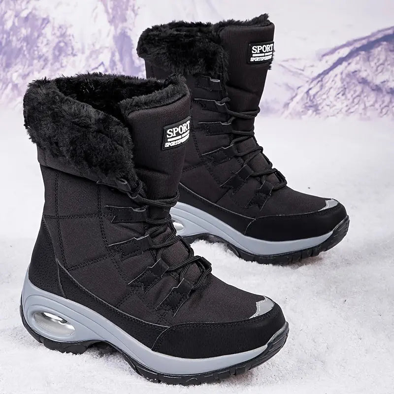 Warmth & Comfort Guaranteed: Womens Thickened Air Cushion Snow Boots - Flannel Lined, Non-Slip, Round Toe, PU Sole, Non-Woven Upper - Perfect for Hiking and Winter Activities Chic Le'Meek