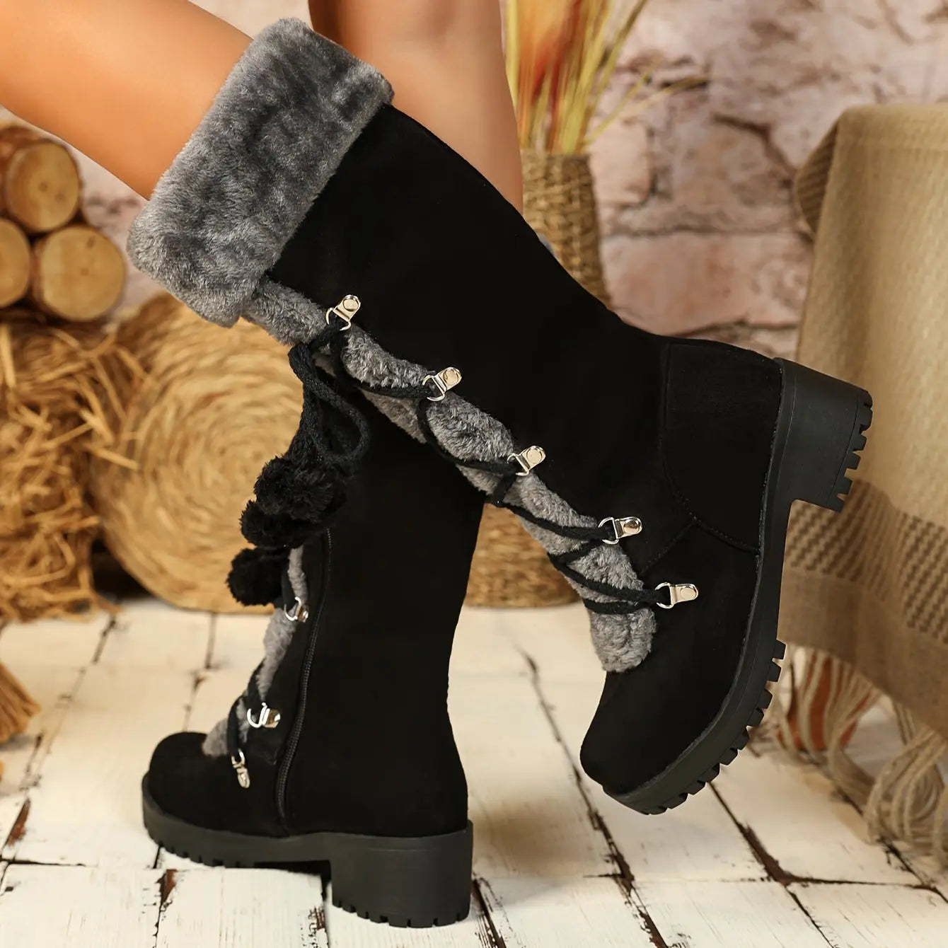 Warm Mid-Calf Winter Snow Boots - Elegant Women's Fur-Lined Knight Boots with Chunky Heel, Pom-Pom Accents & Side Zipper - Cozy Thermal Insulated Riding Boots for Cold Weather Chic Le'Meek