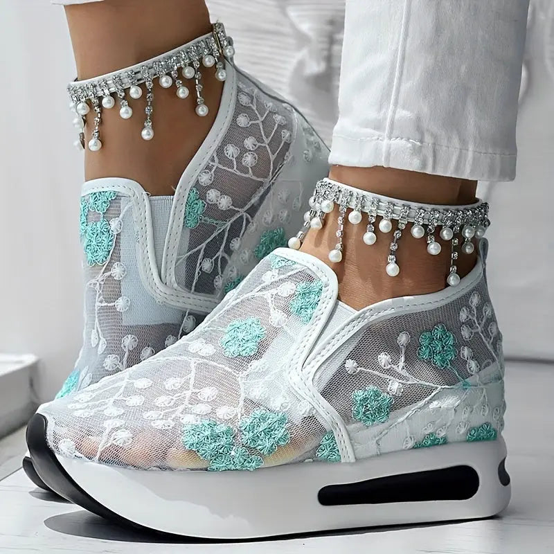 Floral Embroidery Sheer Mesh Sneakers Temu