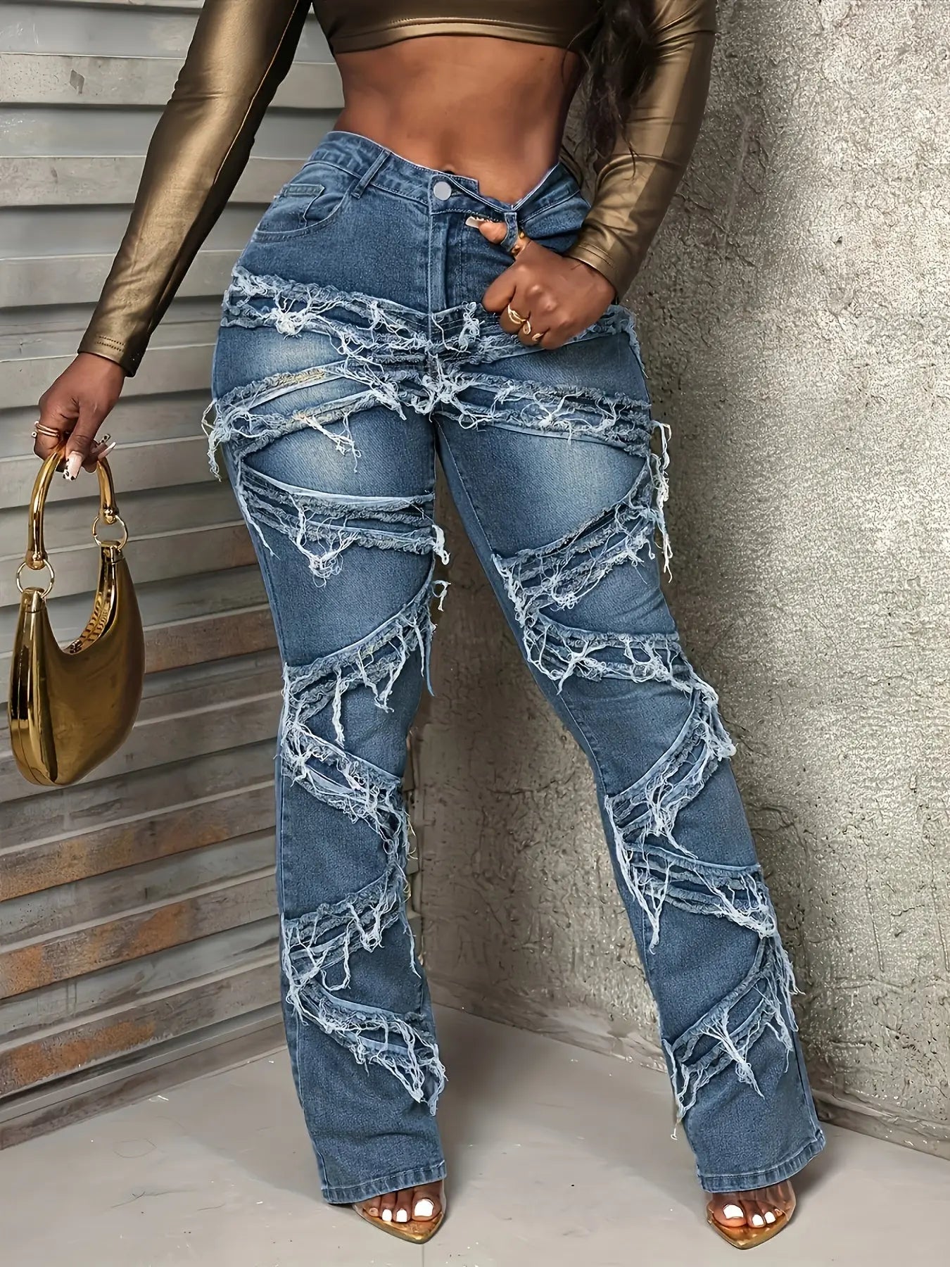 Women'S Large Size Mid-rise Skinny Jeans With Flared Design. Multi-layer Stacking With Distressed Edges. Highly Elastic And Comfortable Soft Denim Fabric. Suitable For Spring And Summer. Chic Le'Meek
