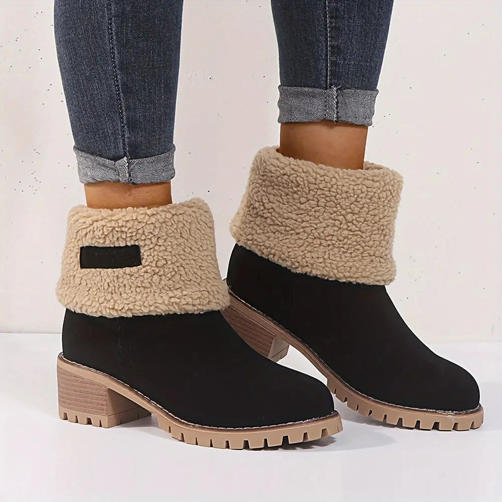 Winter Warm Women's Ankle Strap Platform Chunky Heel Comfort Faux Suede Plush Short Snow Boots Shoes For Woman Chic Le'Meek