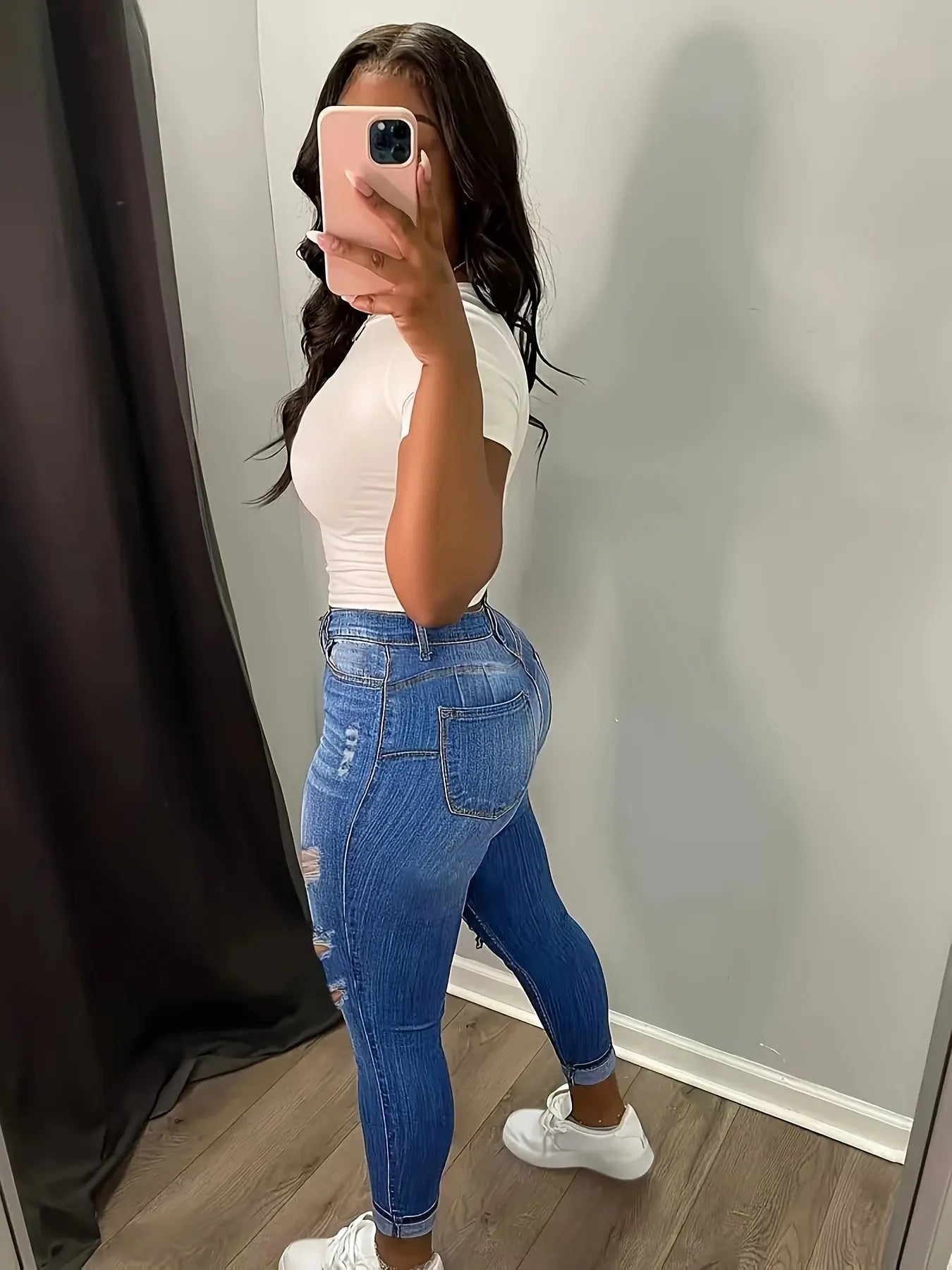 Women's Plus Size Stretch Ripped Skinny Jeans, High-Waisted Distressed Denim Pants, Casual Street Style Temu