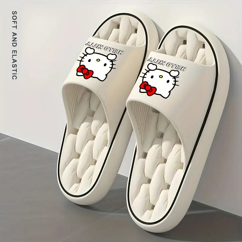 Sanrio Hello Kitty Kawaii Cartoon Slides - Unisex Breathable Soft Sole EVA Slippers, Comfortable Non-Slip Casual Shoes for Indoor & Outdoor Use, Black & Cream Design with Red Bows, Cute Slippers Chic Le'Meek