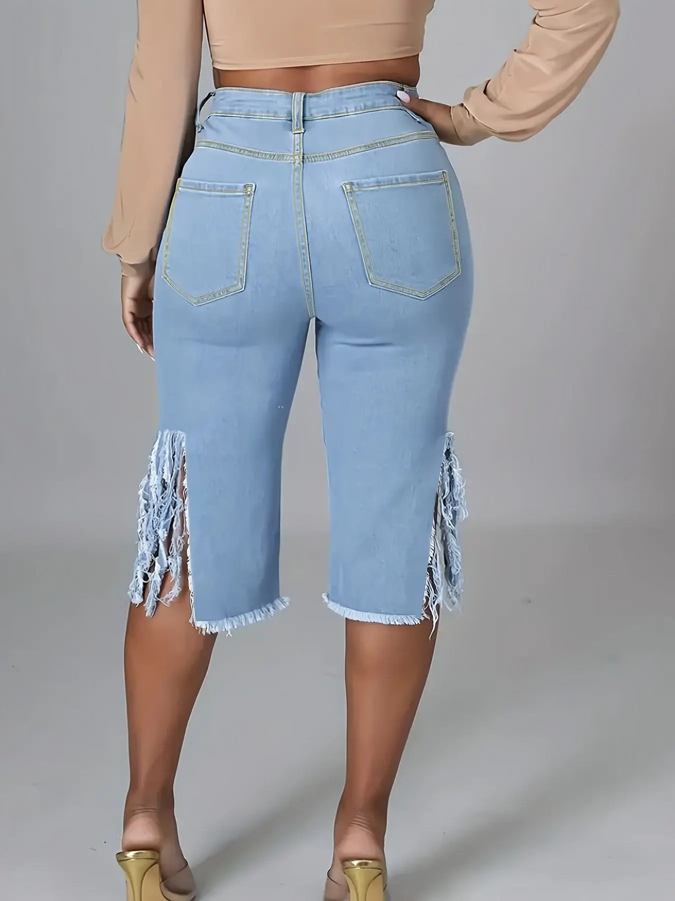 Plus Size Women'S Casual Denim Shorts With Fringed Hem Chic Le'Meek