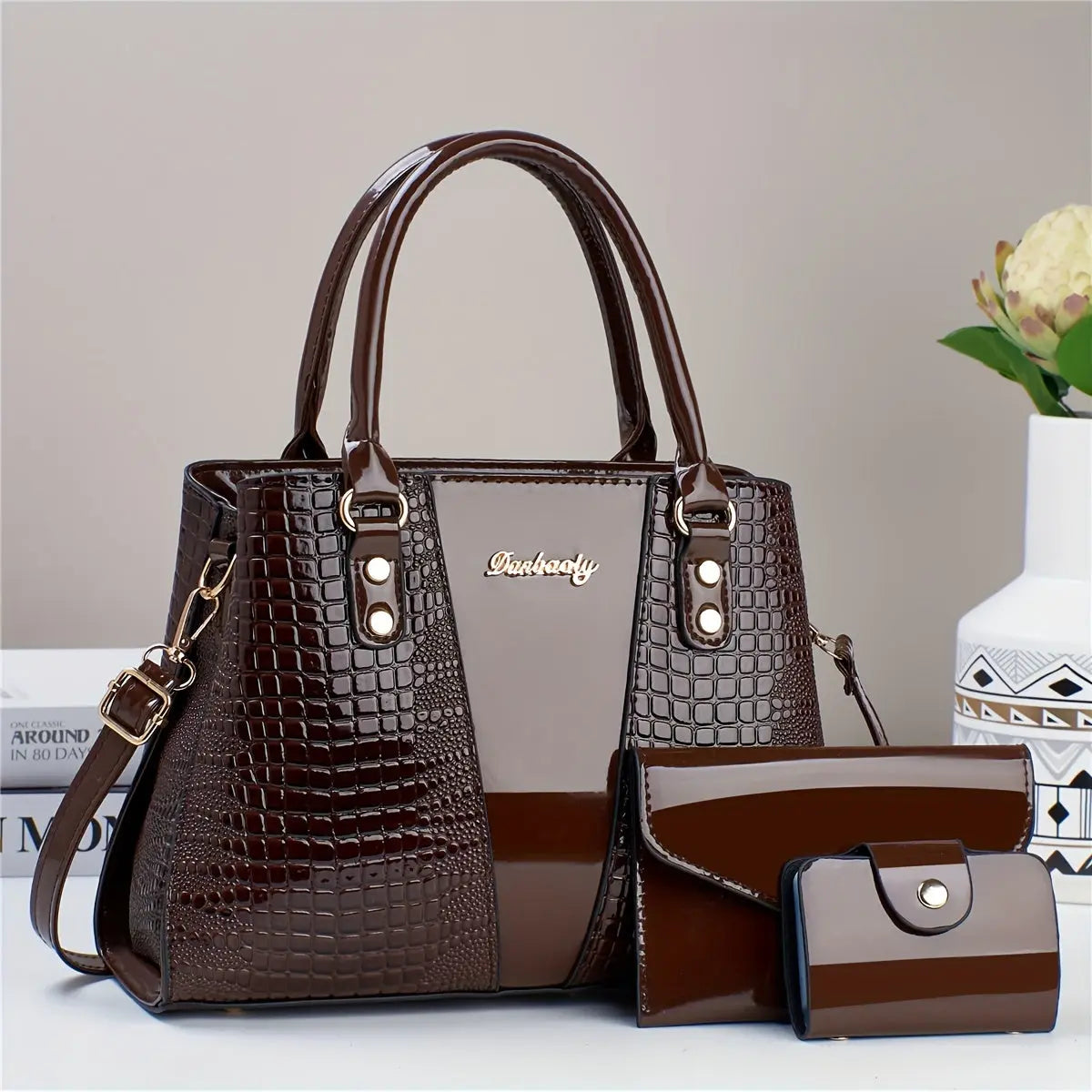 3pcs Elegant PU Handbag Set, Crocodile Pattern Large Capacity Crossbody Bag with Coin Purse and Card Holder, Lightweight Shoulder Bag with Sequins and Zipper Closure Chic Le'Meek