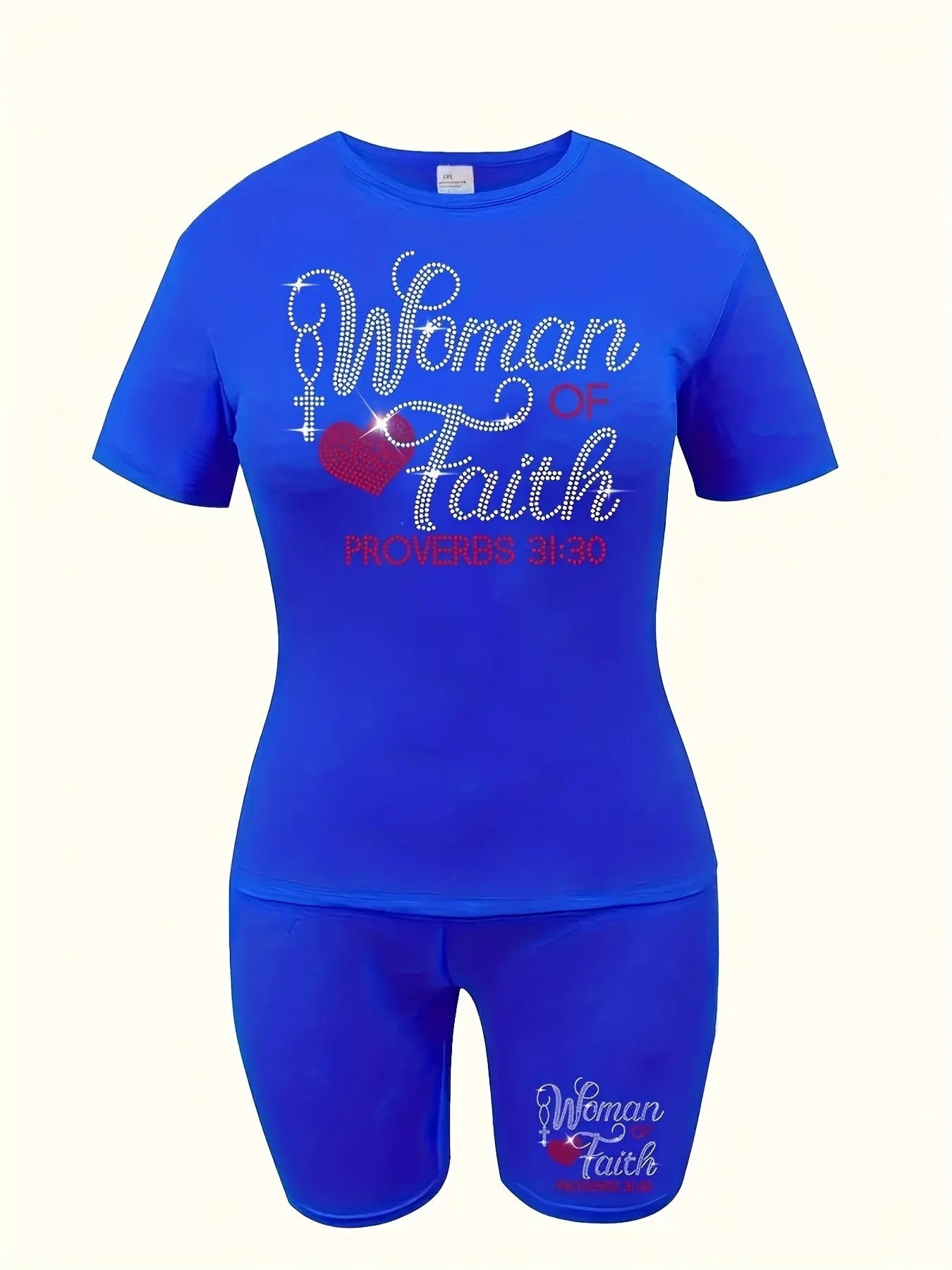 Ladies' Casual Short Sleeved Shorts Set, Hot Stamping Craftsmanship, Women's Faith Letter Hot Stamping Heart Pattern Chic Le'Meek