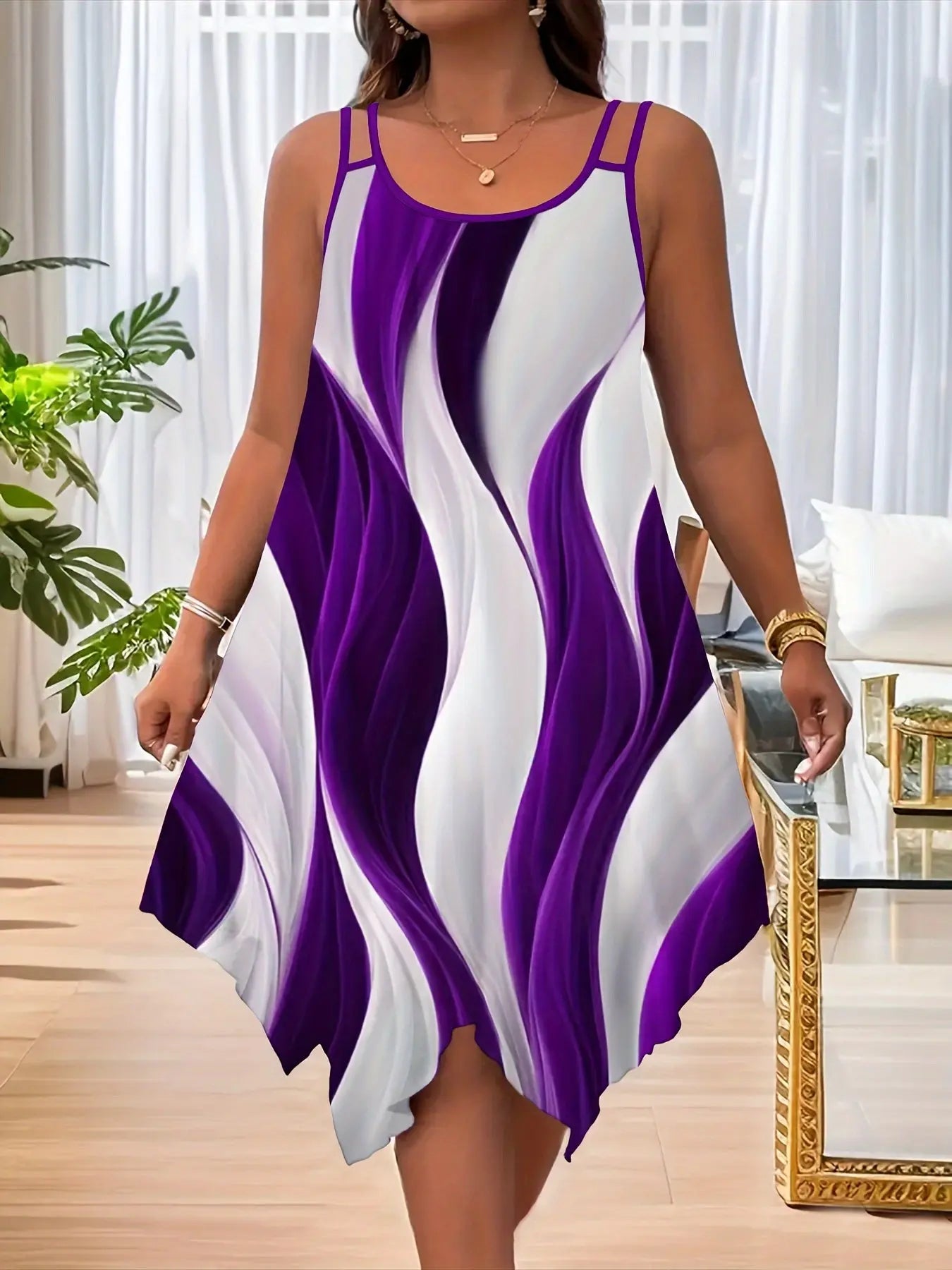 1pc Women'S Summer Casual Asymmetrical Hem Dress, Polyester 95% Spandex 5% Fabric, Crew Neck Slingback with Random Print Design Chic Le'Meek