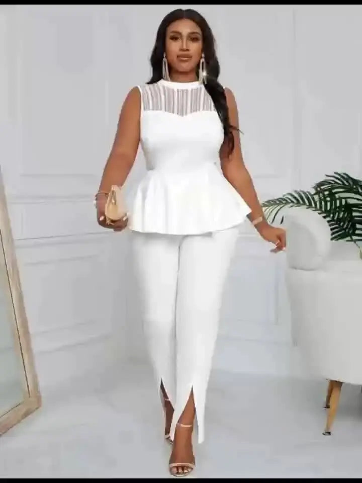Elegant White Lace-Trimmed Sleeveless Peplum Top with Ruffled Hem, Cinched Waist, and High-Neck Design for Women - Perfect for Parties and Casual Outings Chic Le'Meek