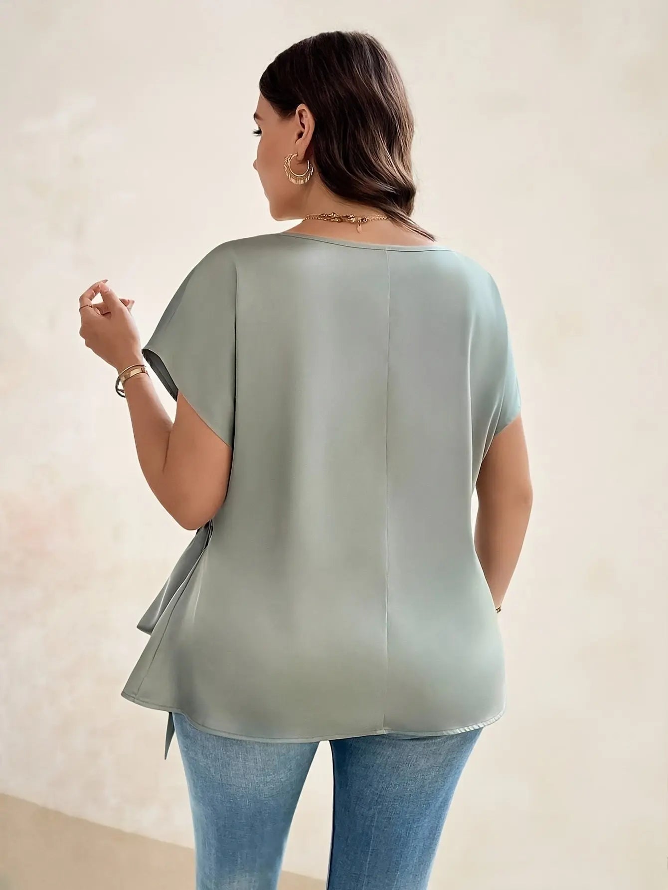 Plus Size - Women's Elegant Satin Blouse with Bow Detail - Short Sleeve AliExpress