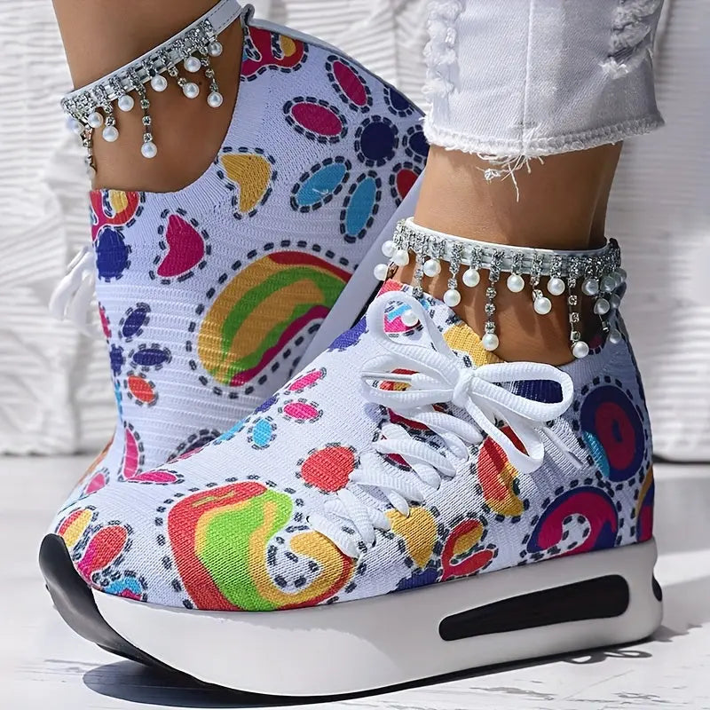 Abstract Print Side Lace-up Casual Wedge Sneakers - Without Anklet Chic Le'Meek