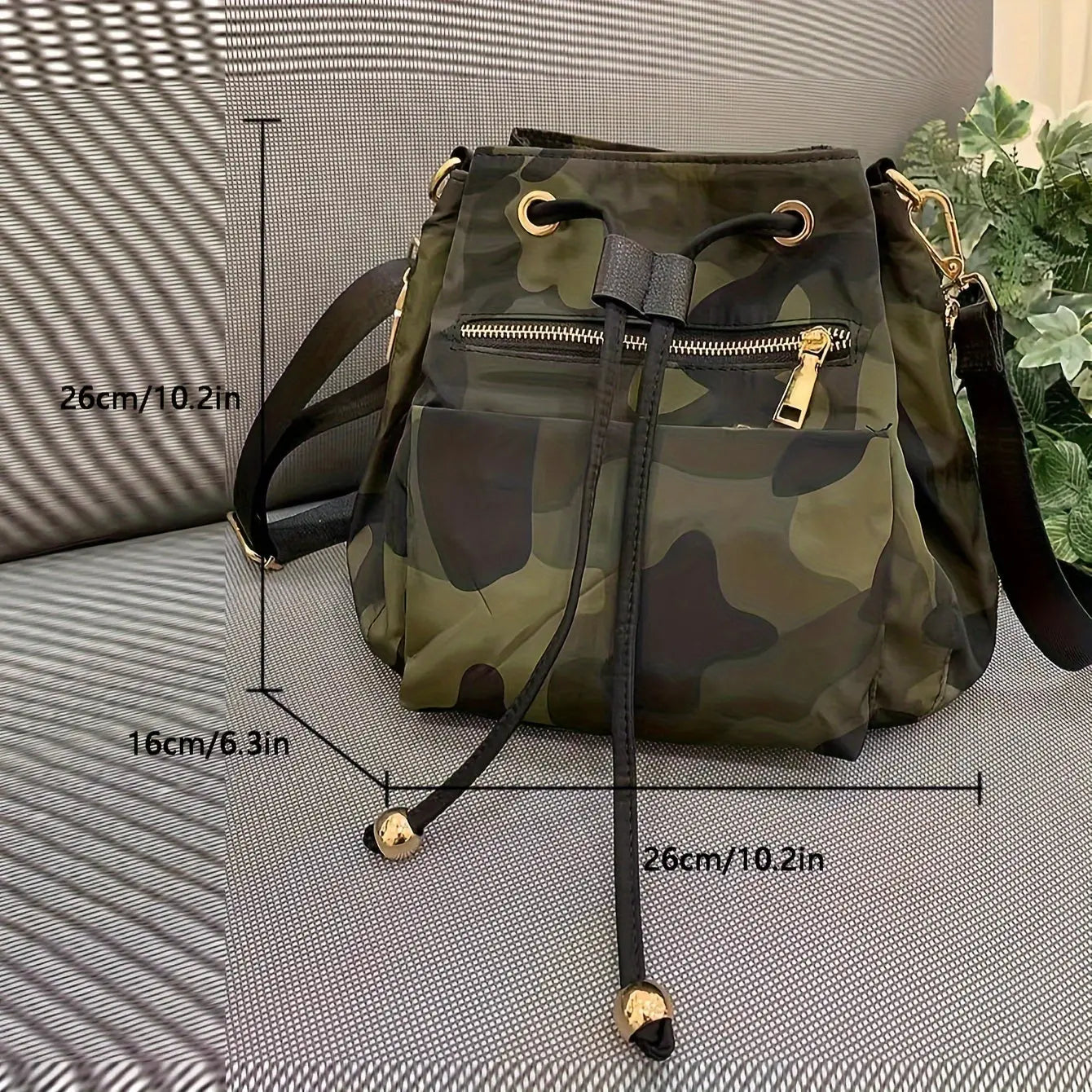 Small Camouflage Pattern Bucket Shoulder Bag - Durable Nylon Material, Classic Drawstring Closure, Polyester Lining, Edge Painted Temu