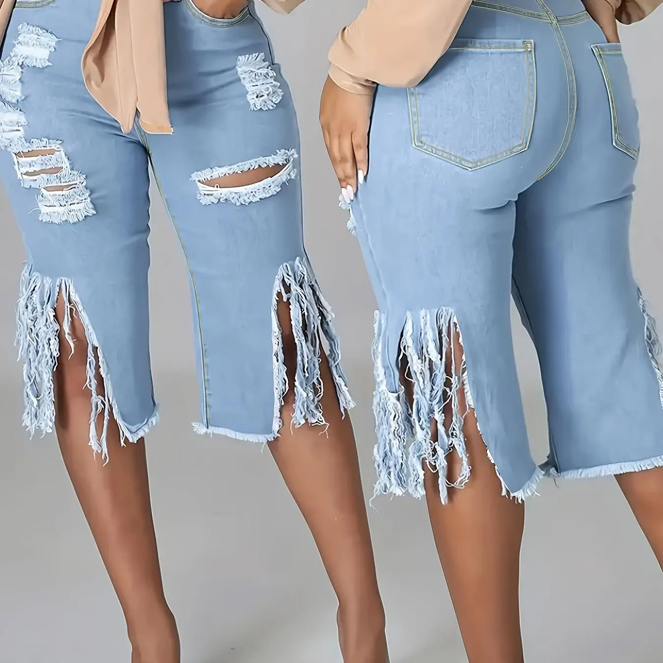 Plus Size Women'S Casual Denim Shorts With Fringed Hem Chic Le'Meek