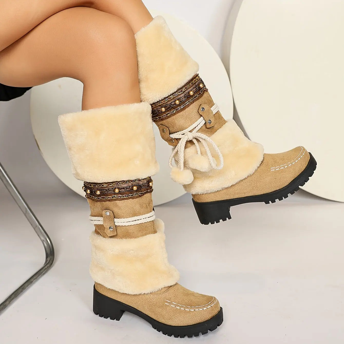 Cozy Winter Women's Snow Boots With Pom-Pom & Bowknot - Mid-Calf, Chunky Heel, Warm Fleece Lining, Non-Slip Rubber Sole For Outdoor Activities Chic Le'Meek