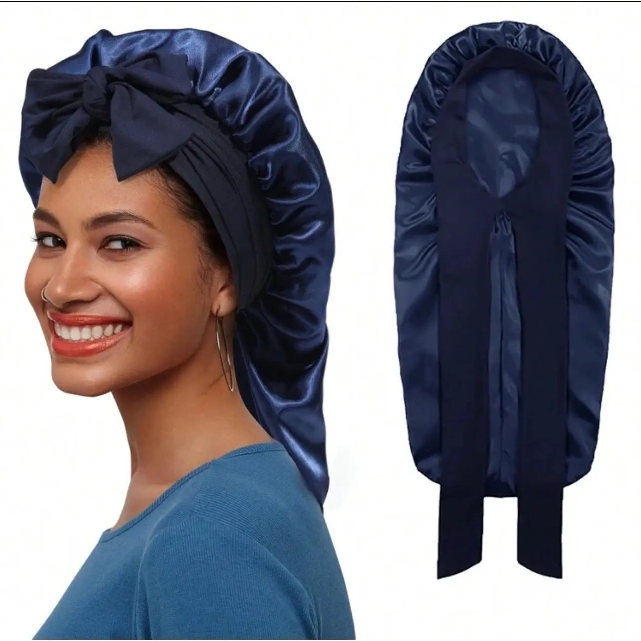 Women's Elastic Tie Band Long Satin Bonnet for Long Curly Hair - Gentle Hair Care Sleeping Cap with Smooth Texture and Soft Inside Chic Le'Meek
