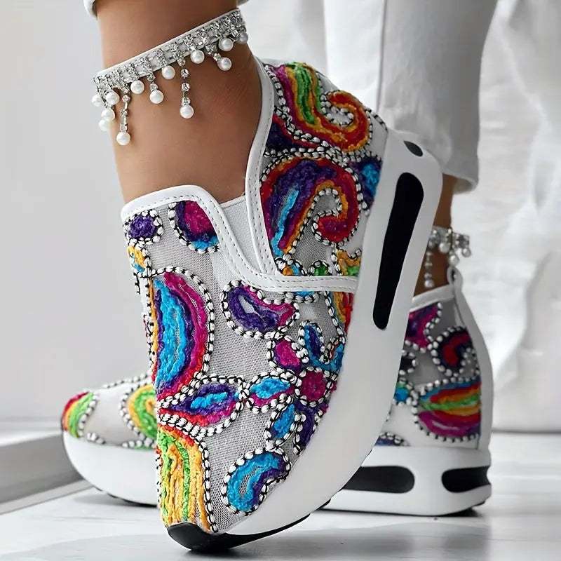 Abstract Print Side Lace-up Casual Wedge Sneakers - Without Anklet Chic Le'Meek