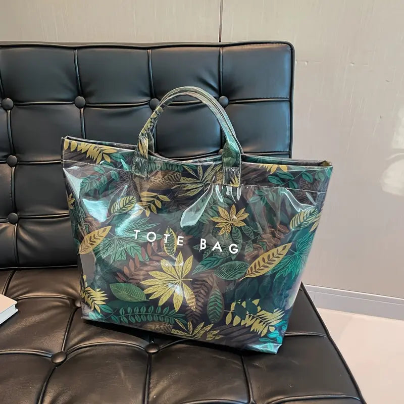 Women'S Fashion Tote Bag, Casual Style, Large Capacity, Fixed Shoulder Straps, Hook-and-loop Fastener Closure, Polyester Lining, Random Print Design, Versatile for Work and Commuting - White/Green/Red Chic Le'Meek