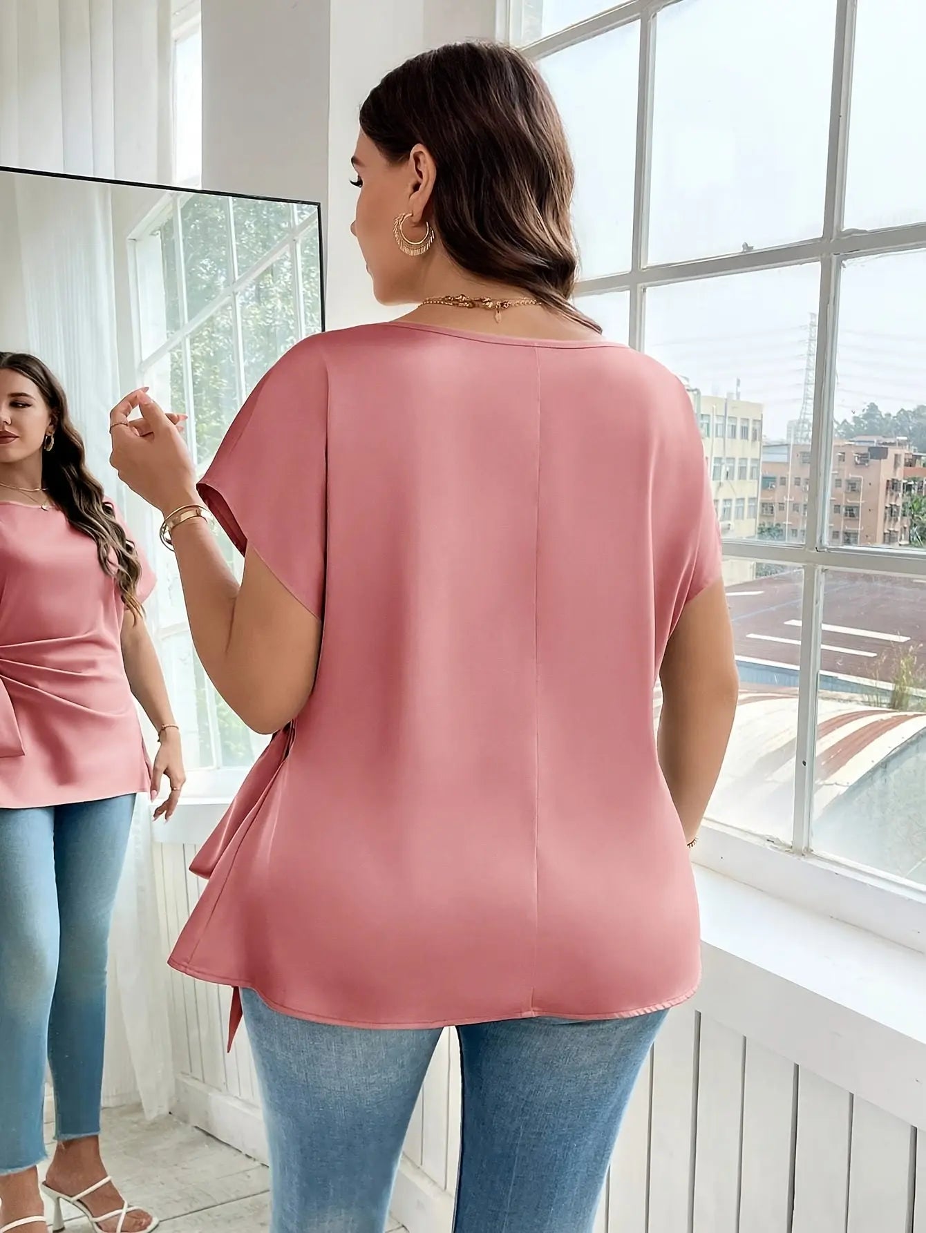 Plus Size - Women's Elegant Satin Blouse with Bow Detail - Short Sleeve AliExpress