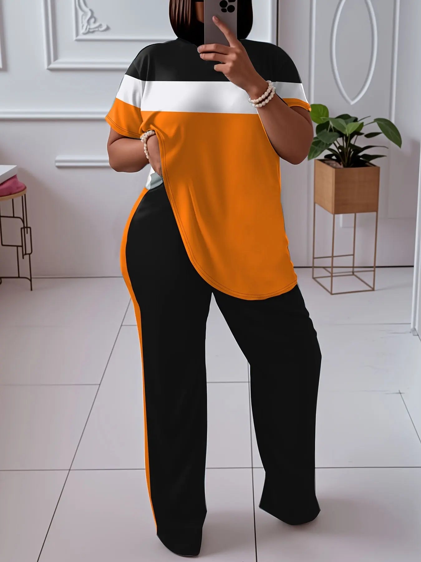 Women'S Plus Size Casual Color Block 2pcs Set - Elegant Crew Neck Short Sleeve Top & Straight Leg Pants, 95% Polyester 5% Elastane, Medium Stretch Knit Fabric, Machine Washable Chic Le'Meek