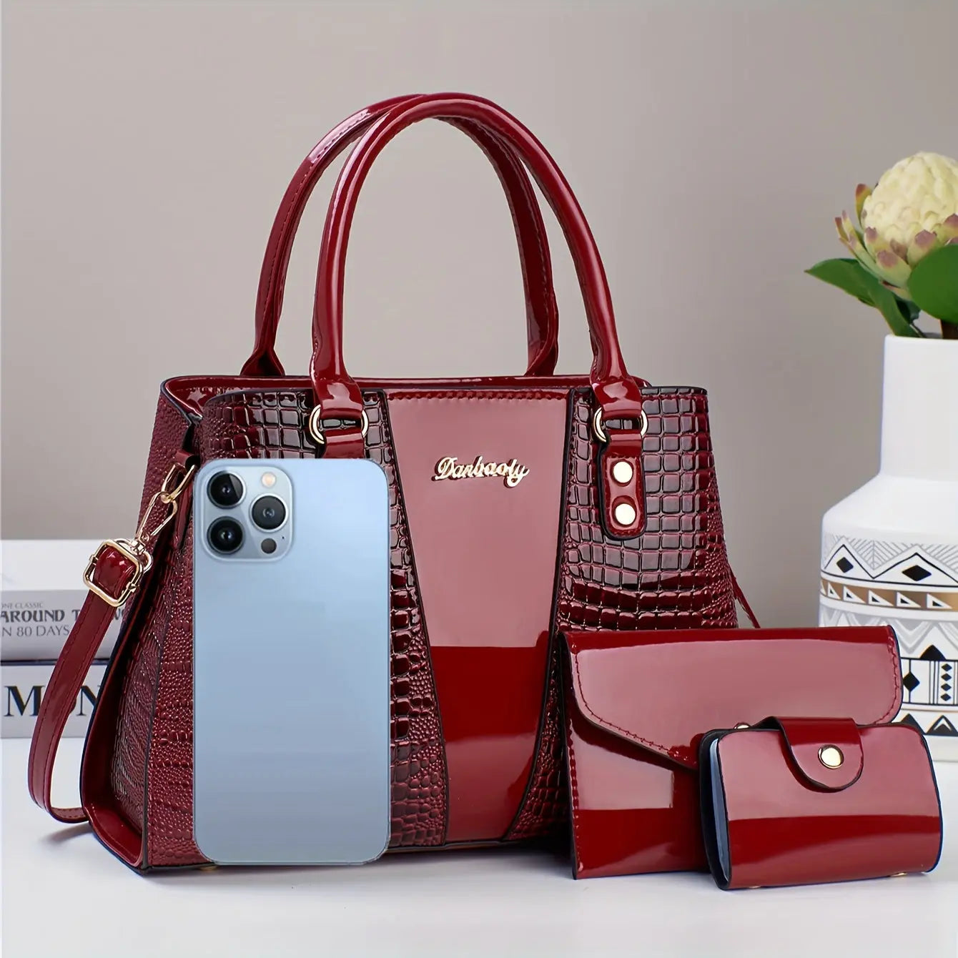 3pcs Elegant PU Handbag Set, Crocodile Pattern Large Capacity Crossbody Bag with Coin Purse and Card Holder, Lightweight Shoulder Bag with Sequins and Zipper Closure Chic Le'Meek